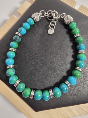 Blue Green Beaded Bracelet Stainles Steel. New.